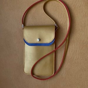 Mini gold crossbody w/magnetic close w/orange edge strap Blue/orange/red flaps
